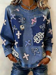 EMERY ROSE Women's Faux Denim Bow Cross Print Crew Neck Long Sleeve Casual T-Shirt - Multicolor - View 4