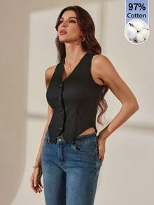 SHEIN Tall Gilet blazer con bottoni frontali tinta unita, comodo in misto cotone per autunno/inverno, per donne alte - nero - Visualizzare 5
