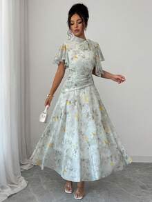 Modelyn Vestido acampanado con cordones, cintura ceñida, fruncido y estampado de mariposas para mujer - Verde - Ver 5