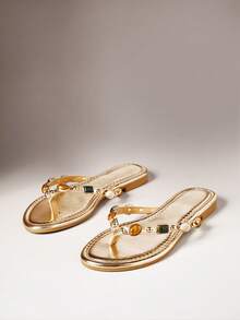 SHUZIA Women Beaded Decor Flip Flop Flat Sandals - Gold - View 6