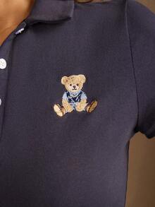 Briarwyn Summer Women's Cotton Cute Bear Embroidery Front Button Slim Fit Short Sleeve T-Shirt Casual Preppy Blouses Navy Blue Top Back-To-School Everyday - Blue - View 2