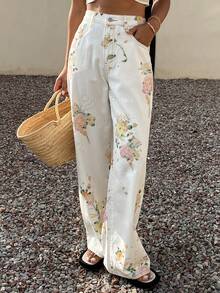 Livesso Women's Loose Straight-Leg Jeans With Floral All-Over Print, Suitable For Summer, Autumn And Spring, Casual Business Office Wear Vacation - White - View 3