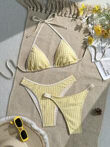Swim Mod 奶黃色紋理三角領口比基尼套裝，配黃白條紋領口與雙層褲腿設計，夏季女款海灘度假泳衣三角上衣 - 黃色 - 查看 3
