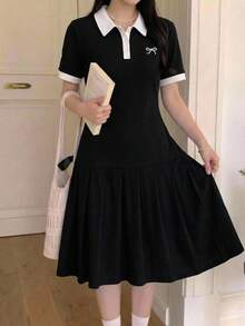 SHEIN 青少年女孩休閒日常百搭舒適翻領拼接拼色 Polo 洋裝 - 黑與白 - 查看 1