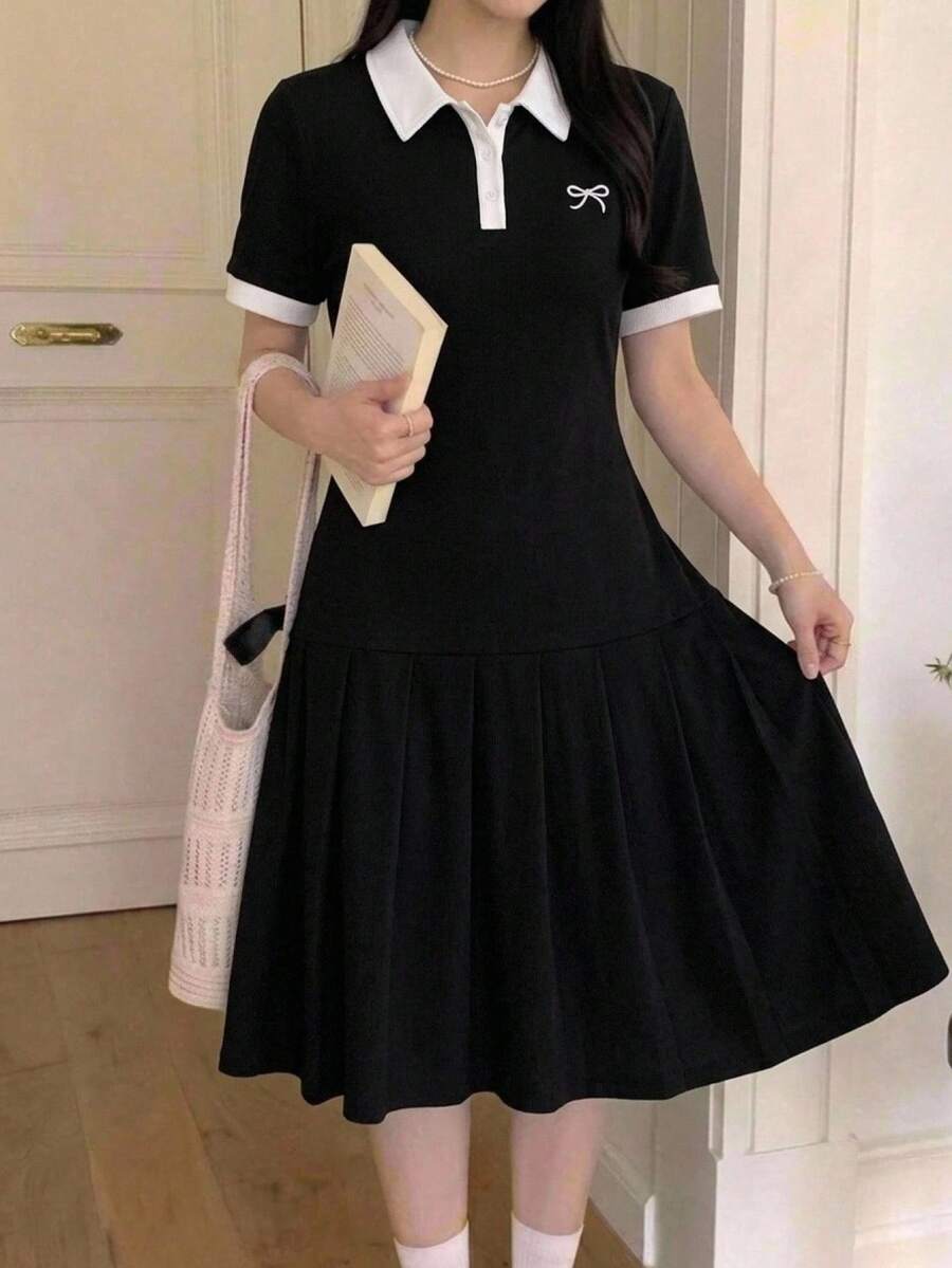 SHEIN 青少年女孩休閒日常百搭舒適翻領拼接拼色 Polo 洋裝 - 黑與白 - 查看 1