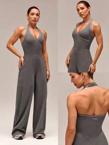 GLOWMODE 31" FeatherFit™-Air UPF50+ Chase Your Glow Wide-Leg Contrast Trim V-Neck Adjustable Halter Jumpsuit With Removable Cups Daily Casual Summer Wear - Dark Grey - View 8
