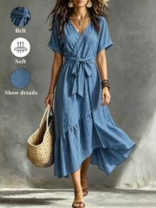 SHEIN LUNE 女款V領交叉設計中長洋裝，粉嫩色系夏季熱帶度假風，適合茶會、高爾夫、度假，不對稱下擺綁帶蝴蝶結，波希米亞性感優雅時尚 - 藍色 - 查看 1