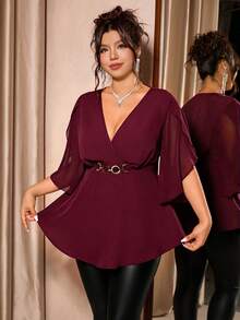 Cravure Plus Size Women's Solid Color Petal Short Sleeve Elegant Chiffon Blouse - Burgundy - View 5