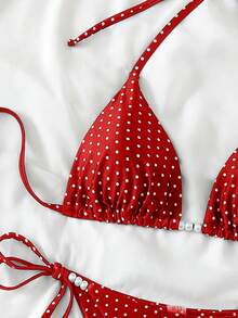 Swim Basics 女款夏季性感兩件式波點隨機印花掛脖綁帶比基尼套裝，附珍珠飾品 - 紅色 - 查看 4