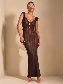 SHEIN BAE Váy đuôi cá thanh lịch hở lưng, tay bồng xòe nhún bèo màu trắng gợi cảm, thắt eo - Cà phê nâu - View 5