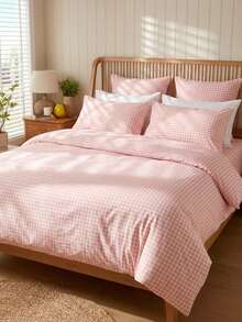 Cirelle 3pcs Pink Checkered Quilt Cover Set – Jacquard Textured Super Soft Polyester Bedding, Breathable & Machine Washable (1 Cover + 2 Pillowcases, No Insert), For Double/Queen/King Bed, Student Dorm & Home - Pink - View 2