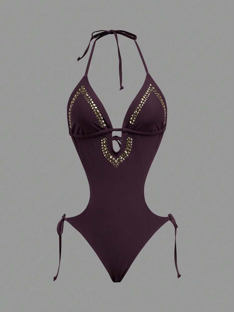 Opulessa Traje de baño de una pieza con diseño de remaches y cuello halter sexy para mujer de vacaciones - Granate - Añade 1