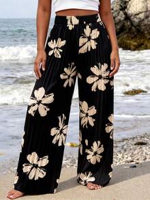 GlowEve CURVE Plus Size Women's Autumn Floral Print Casual Boho Pants, Loose Straight Leg Design, Crease-Resistant, Commute Daily Wear Vacation Black - Multicolor - View 1