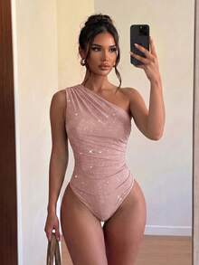Sirith Women's Summer Fashion Ruched One-Shoulder Bodysuit - Pink - View 1