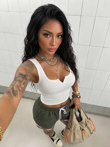 SHEIN HypeZone Women's Solid Color Patchwork Camouflage Fashion Summer Casual Elastic Waist Sports Shorts - Army Green - View 5