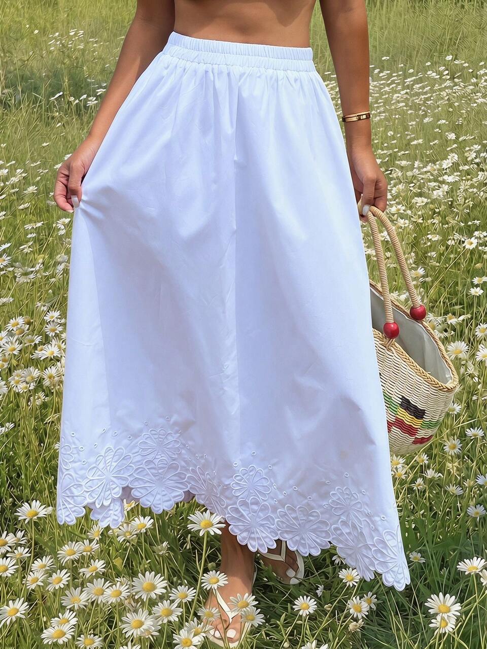 Patchwork Floral Trim Elastic Waist Skirt, Elegant Boho Summer Holiday Skirt For Women Vacation White