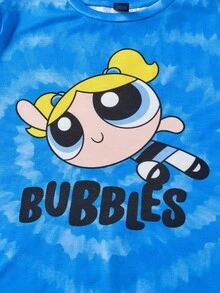 THE POWERPUFF GIRLS X SHEIN Tween Girl 3-Tone Heart & Spiral Tie-Dye Cartoon Character Graphic Knit Crew Neck T-Shirt Set - Multicolor - View 5