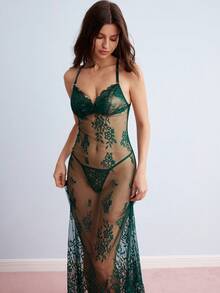 Elorette 深綠色蕾絲拼接透視深V領長洋裝，優雅迷人純浪漫女款睡袍 - 墨綠色 - 查看 6