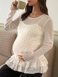 DAZY Small Round Neck Fashion Polka Dot Patchwork Frill Trim Long Sleeve Base Layer Maternity T-Shirt For Spring And Summer - White - View 6