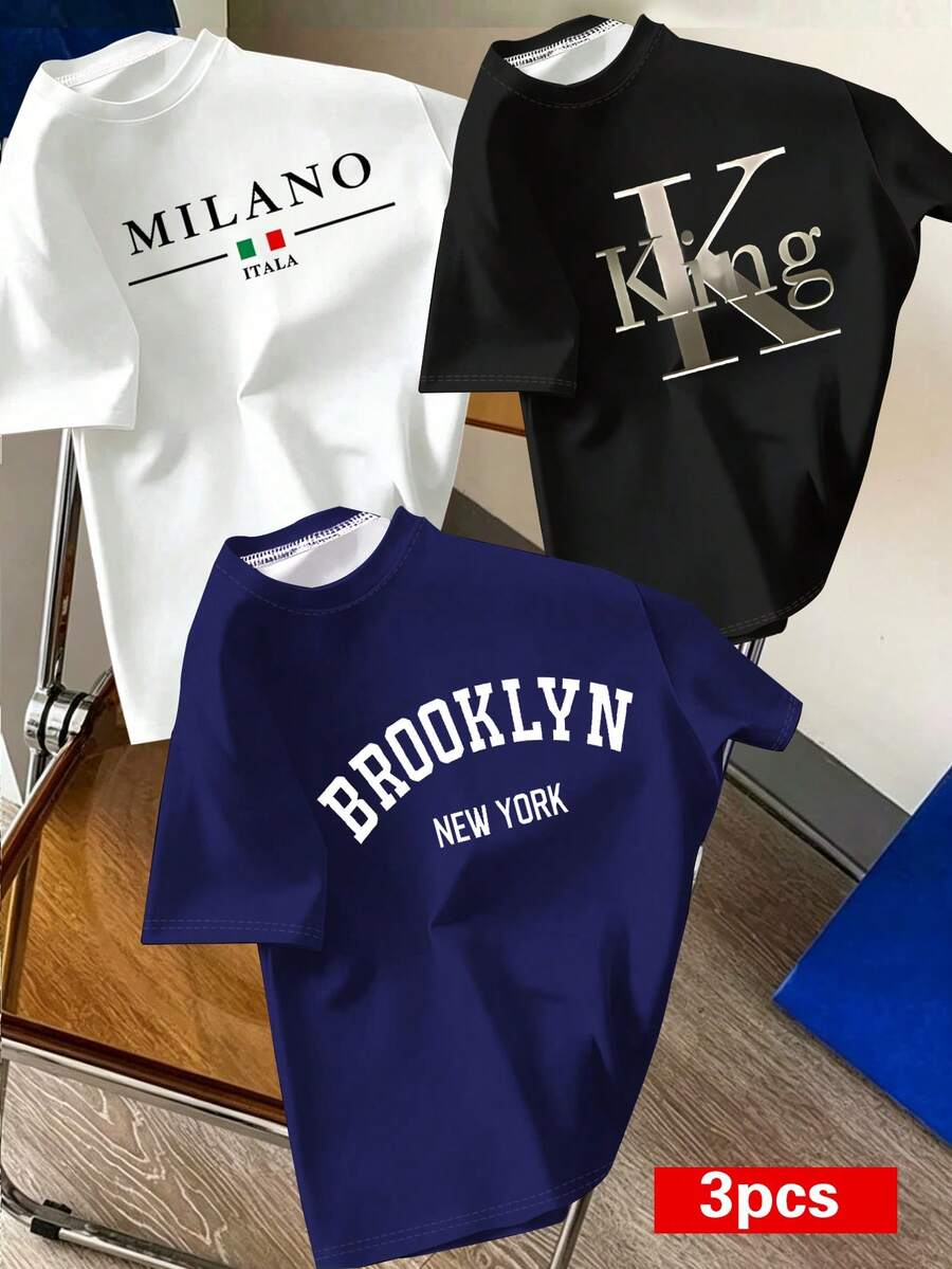 3件裝男童短袖T恤，春夏季新款，三色字母印花，酷炫時尚，休閒百搭夏季設計，適合上學，輕鬆打造夏季造型，完美適用於日常穿著與拍照穿搭 - 彩色 - 查看 1