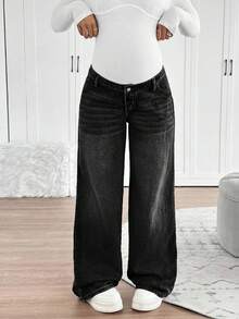 SHEIN 孕婦純色拉鍊開襟寬鬆直筒牛仔褲 - 黑色 - 查看 3
