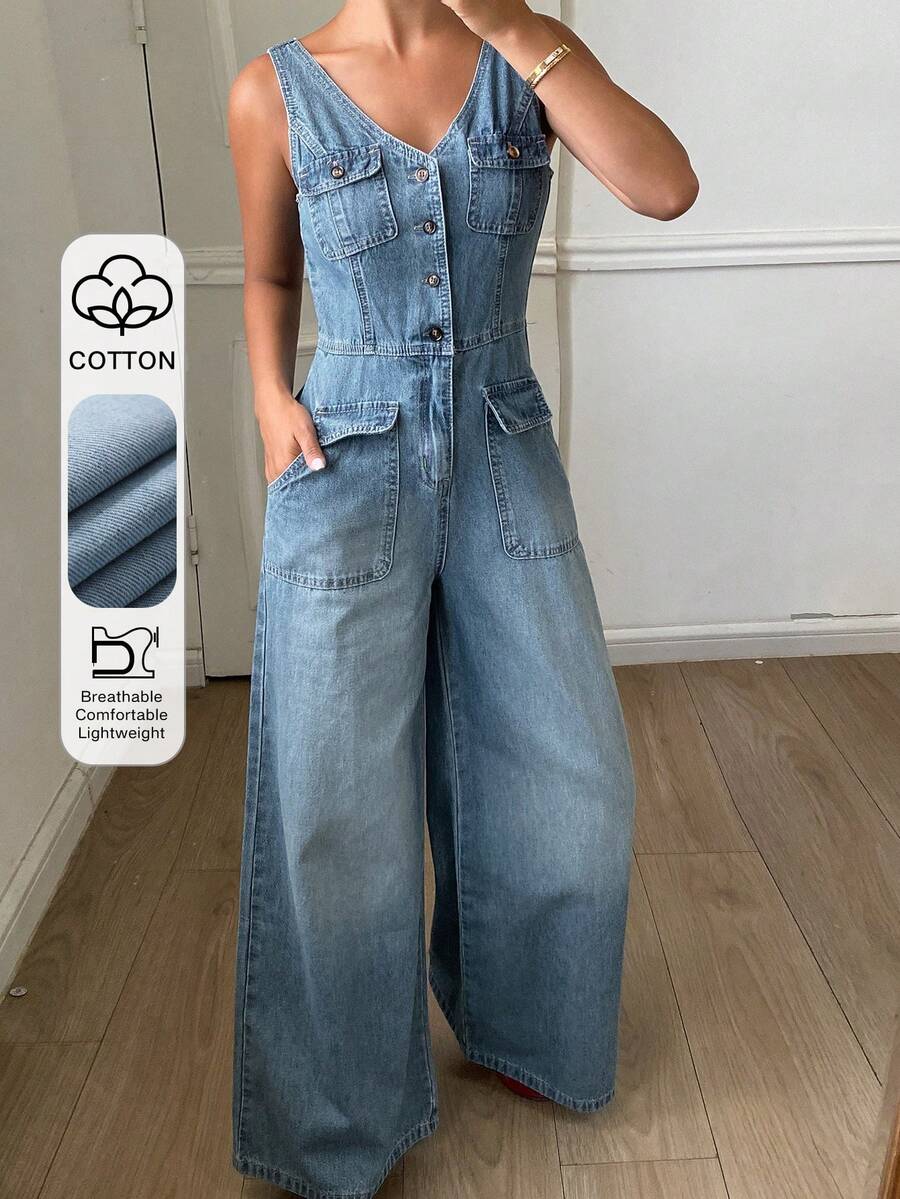 DAZY Women's V-Neck Sleeveless Jumpsuit With Pockets, Vacation Style Denim Bib Pants And Romper - Light Wash - View 1