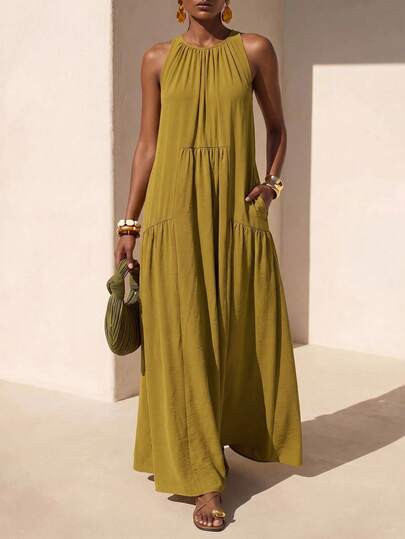 Zivah New Summer Casual Commuting Vacation Mustard Yellow Loose-Fitting Round Neck Sleeveless Pleated A-Line Women Dress,Suitable For Everyday Wear, Vacations, Travel, Beaches, Party, Airport Outfits, Brunch Outfits,Boho , Nomadic,Casual ,Shopping,Commuting,Graduation Outifit,Country Concert Outfit,Back-To-School
