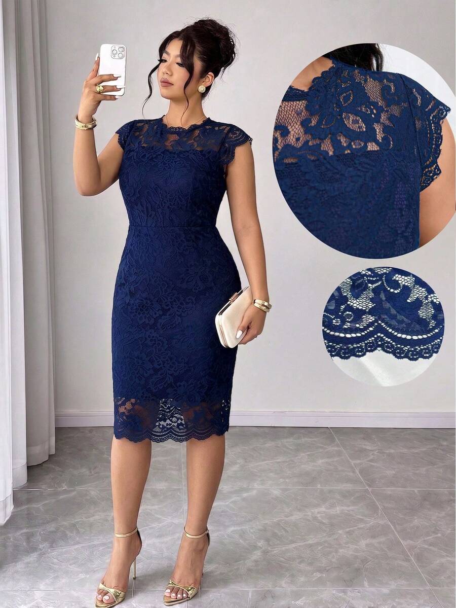 Elenzga Plus Size Women Lace Elegant Waist Gathering Party Dress Summer Spring Wedding Guest Party - Blue - View 1