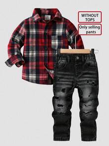 SHEIN Playful Pals 男童休闲时尚做旧破洞舒适弹力腰修身深灰色牛仔裤，适合日常穿着，2024新款秋冬时尚单品 - 黑色 - 查看 5