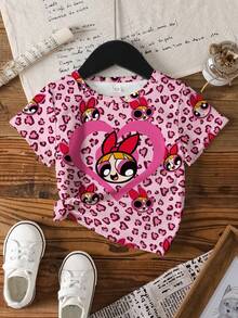 THE POWERPUFF GIRLS X SHEIN 年轻女孩休闲时尚街头风卡通爱心豹纹印花短袖T恤，夏季 - 白色 - 查看 3