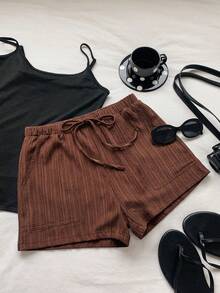 SHEIN EZwear 女款巧克力棕色腰部繫帶口袋休閒百搭短褲 - 巧克力棕 - 查看 3