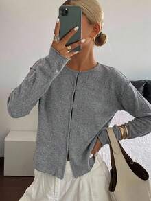 FRIFUL Women's Solid Gray Round Neck Long Sleeve Contrast Trim Button Loose Casual Versatile T-Shirt Autumn - Grey - View 7