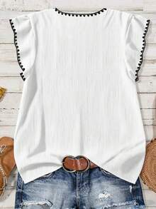 EMERY ROSE Plus Size Women's Floral Trim V-Neck Ruffle Sleeve Single Breasted Blouse - White - View 2
