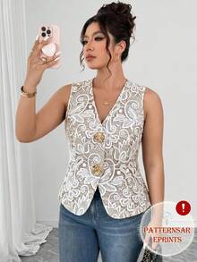 GlowEve CURVE Plus Size Faux Linen Textured Fabric V-Neck Sleeveless Vest With Open Front Gold Rose Decorative Buttons, Waist-Defining Fitted Elegant Commuter Outing Party Date Vest - Multicolor - View 7