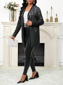 SHEIN Lady Simple Shiny Print Front Open Coat Suitable For Autumn And Winter Halloween Plus Size Valentine's Day Gifts Festival Women Wedding Guest Concert Black - Black - View 7