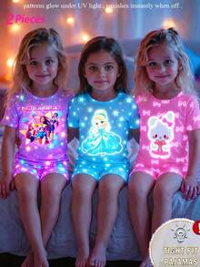 Young Girl' Cute Rabbit & Butterfly Print Glow-In-The-Dark Knit Elastic Soft Round Neck Short Sleeve Shorts 2 Pieces Pajama Set - Pink - View 1