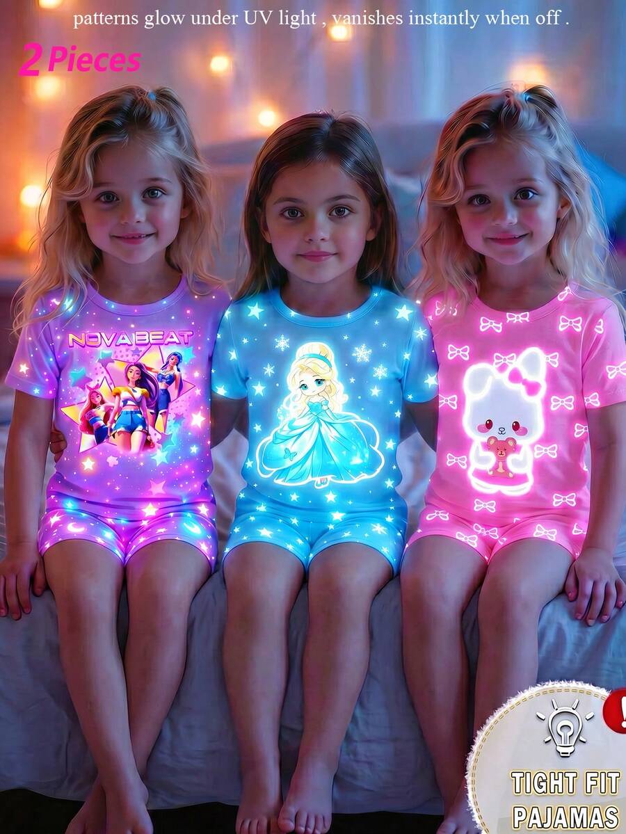 Young Girl' Cute Rabbit & Butterfly Print Glow-In-The-Dark Knit Elastic Soft Round Neck Short Sleeve Shorts 2 Pieces Pajama Set - Pink - View 1