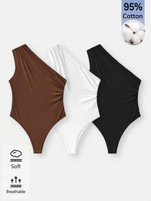 SHEIN BASICS Women's Solid Color One Shoulder Ruched Sleeveless Bodysuit Going Out Brown White Black Summer Basic - Multicolor - View 1