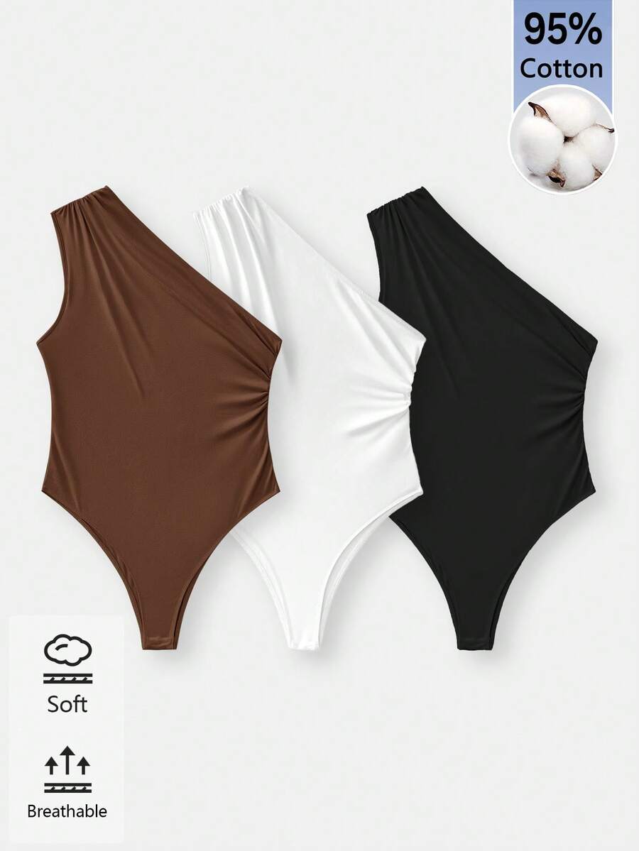 SHEIN BASICS Women's Solid Color One Shoulder Ruched Sleeveless Bodysuit Going Out Brown White Black Summer Basic - Multicolor - View 1