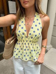Serisse Women's Yellow Polka Dot Halter Backless Top, Summer - Multicolor - View 2