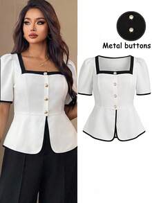 SHEIN Clasi Fashionable High-Neck French Style Plus Size Women Blouse - White - View 3
