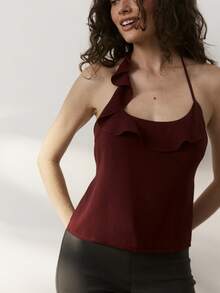 Aralina Scooped Neck Ruffle Neck Halter Neck And Tie Back Backless Chiffon Top Flowy Top Red Wine Polka Dot Print Cute Going Out Date Night Top Summer Sexy - Burgundy - View 4