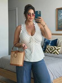 REIGN AVE Plus Size Women's Polka Dot Print Pleated V-Neck Sleeveless Casual Fitted Tank Top, Spring/Summer Graphic Tee - White - View 7