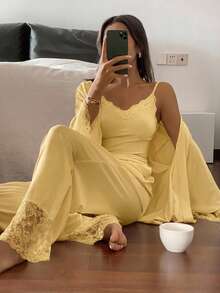 DAZY 3pcs Charming Lace Patchwork Lapel Camisole & Long Pants Women's Pajama Set - Yellow - View 3