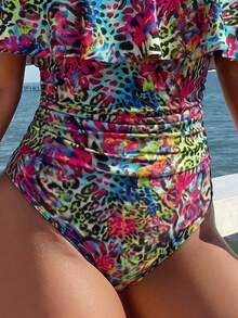 Swim Lushoire Spring/Summer Leopard Print Ruffle Off-Shoulder Side Ruched One-Piece Women's Swimsuit, Festival Boho - Multicolor - View 4