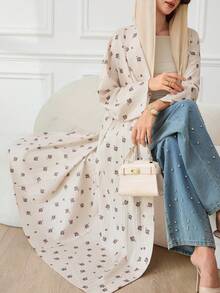 Yasmyna Women's Floral Print Long Sleeve Loose Arabic Abaya - Khaki - View 2