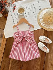 SHEIN LMoss Kids 女嬰可愛休閒夏季條紋蝴蝶結肩帶連身褲 - 紅白色 - 查看 3