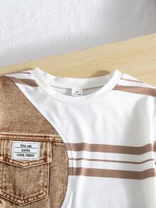 SHEIN 2件組小男孩休閒條紋牛仔 Polo 衫與短褲套裝，復古學院風，適合春夏日常穿著與外出 - 卡其色 - 查看 4