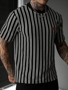 EGENSIO Kaos Lengan Pendek Denim Patchwork Bergaris Pria Kasual Serbaguna untuk Perjalanan Sehari-hari - Hitam - View 4