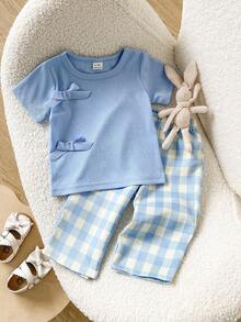 SHEIN Playful Pals 女婴蝴蝶结装饰圆领短袖T恤和格子裤休闲套装 - 淺藍色 - 查看 4